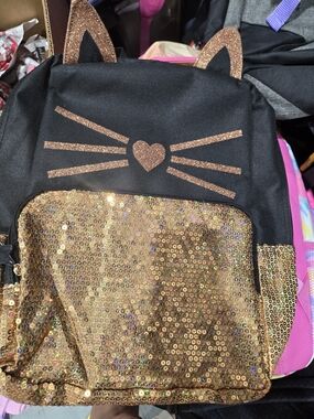 Black Cat Backpack with Gold Sequin Pocket
